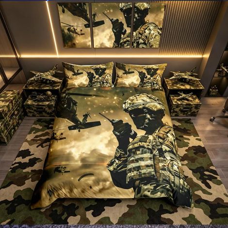 Parure de lit 3 pièces avec housse de couette motif soldat américain, hélicoptère, motif camouflage militaire, pour garçons et filles, pour lit double (1/5)