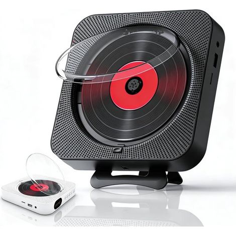 Reproductor de CD portátil con Bluetooth, altavoz HiFi, soporte de pared, reproductor de música USB/AUX, negro. (1/5)