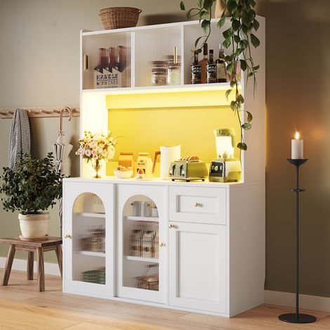 Küchenbuffet Hochschrank Vitrine mit Verstellbaren Einlegeböden und LED, für Küche oder Esszimmer, MDF, Weiß, 120×35×167 cm