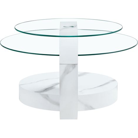 CHICFURN Table basse ronde à deux niveaux, plateau en verre de sécurité transparent, structure MDF effet marbre blanc, rangement pratique pour salon moderne et minimaliste (1/5)