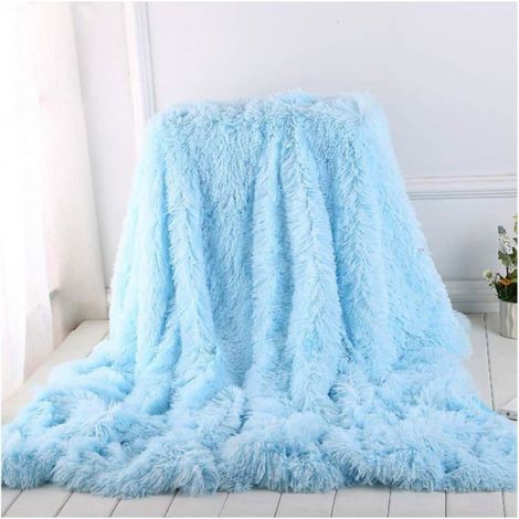 Plaid en Fausse Fourrure à Poils Longs, 130X160cm, Super Doux, Confortable et élégant, pour canapé, Fauteuil et lit,Bleu (1/5)