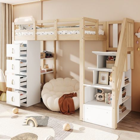 Letto a soppalco 90 x 200 cm con cassetti contenitore, ripiano a più livelli, scaletta di sicurezza e cassetti portaoggetti. Letto multifunzionale in legno massello, colore legno. Vecchio codice artic (1/5)