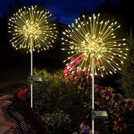 Luces solares de jardín para exteriores (2 unidades), 120 luces LED de fuegos artificiales, 8 modos, impermeables, con diseño de diente de león, para decoración de jardín, césped y patio. (1/5)