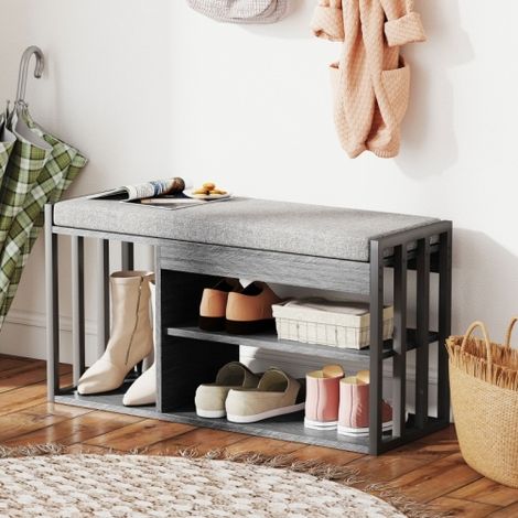 Étagère à chaussures d'entrée en panneau de bois gris à 3 niveaux avec banc intégré, rangement optimisé multifonction pour couloir, salon et chambre (1/3)