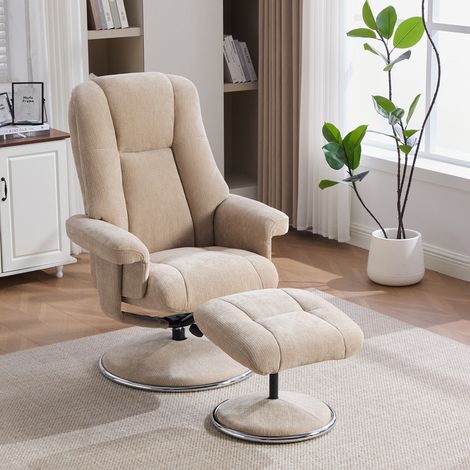 Fauteuil relaxant multifonctionnel pivotant avec repose-pieds – Tissu chenille – Socle entièrement métallique recouvert de tissu – Couleur light taupe – Pour salon, chambre ou espace détente (1/5)