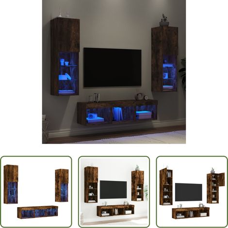 LED-Beleuchtung - 5-tlg. Wohnwand mit LED-Beleuchtung Räuchereiche Holzwerkstoff (1/5)