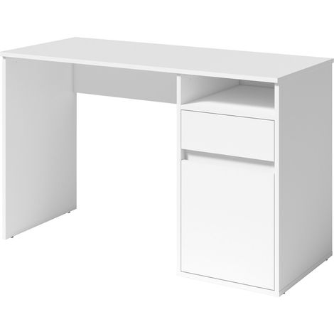 Schreibtisch BILOU weiß – 1 Schublade, 1 Tür und 2 Fächer – Schlichtes und helles Design für Kinderzimmer