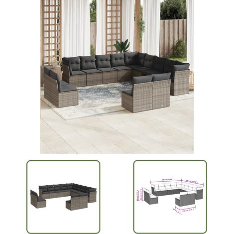 The Living Store 13-tlg. Garten-Sofagarnitur mit Kissen Grau Poly Rattan - Gartensofas - Outdoor Möbel - Lounge Set - Gartenlounge - Rattan Sofa (1/3)