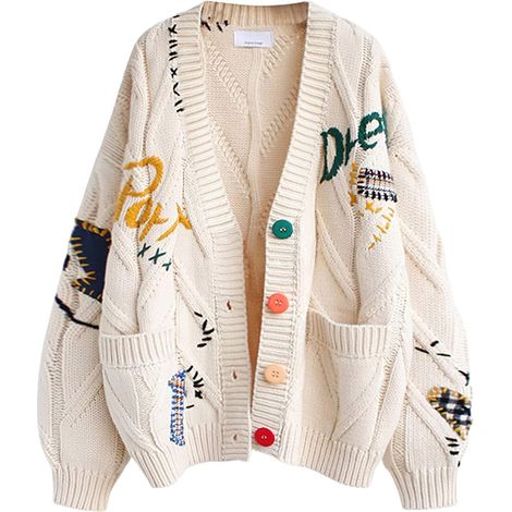 Cardigan da donna a maniche lunghe in maglia a trecce con apertura frontale, scollo a V in montone, chiusura con bottoni, cappotto in misto lana con ricami, capospalla (1/5)