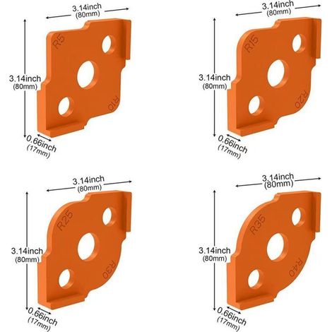 4 PCS Gabarit Defonceuse de Rayon Alliage, R5 - R40 gabarit Defonceuse a Bois sur Table, Accessoires de Routage de Rayon d'angle pour Table de Charpentier (Orange) (1/3)