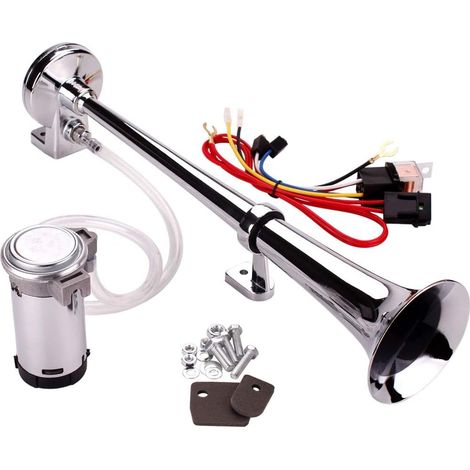12V 150db Klaxon de Voiture 18 Pouces D'air Klaxon de Camion Chrome Zinc Unique Trompette Argent avec Compresseur Pompe à Air Relais Faisceau Câble pour Tout 12V Voiture Moto (1/5)