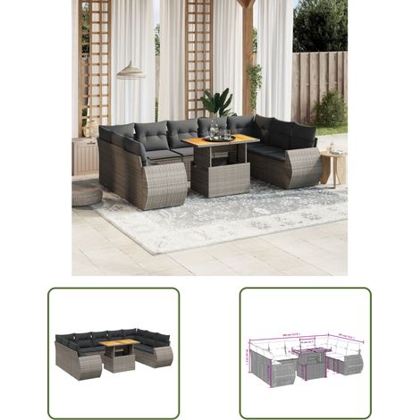 The Living Store 10-tlg. Garten-Sofagarnitur mit Kissen Grau Poly Rattan - Gartenmöbel Set - PE-Rattan Möbel - Outdoor Lounge - Gartenlounge - Terrassenmöbel (1/3)