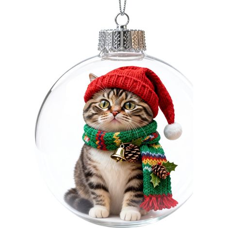 Boule à neige lumineuse transparente en acrylique, décoration de Noël à suspendre au sapin avec un adorable chat de dessin animé, cadeau idéal pour les fêtes. (1/5)