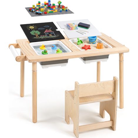 Table et 1 Chaise Enfant en Bois, avec 2 Casiers, 2 Plateaux de Construction, 2 Crochets, pour Chambre à Coucher, Salle de Jeux, 86 x 55 x 43/51 CM (1/5)