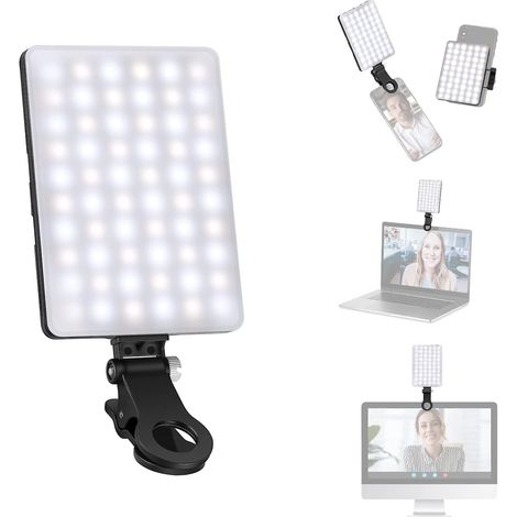 Lampe selfie LED portable à clipser pour téléphone portable avec 60 LED haute puissance, batterie rechargeable 2000 mAh, IRC 95+ et 3 modes d'éclairage (1/5)