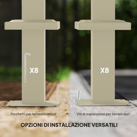 Abri de jardin Pergola 3x3 mètres, toit escamotable, avec 8 vis et 8 piquets, en métal et polyester 180g, teinte kaki.