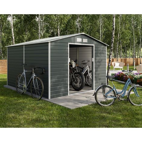 Trigano – Abri de jardin métal anthracite 8,25 m² – Charpente renforcée – Double porte coulissante – Kit d'ancrage inclus