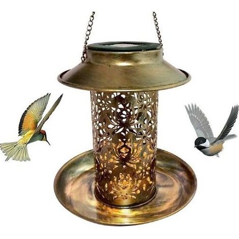 Mangeoires à oiseaux solaires pour l'extérieur, métal vintage en cuivre évidé à suspendre Mangeoire à oiseaux sauvages Phare (1/4)