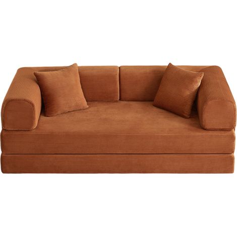 Sofá cama plegable de suelo en espuma con tela de pana color terracota y 2 cojines (1/5)
