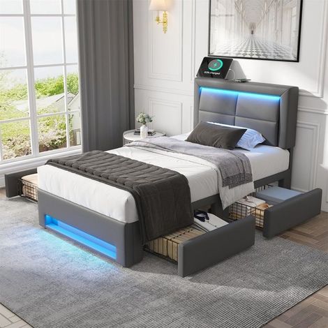 Lit rembourré 90x200 cm - GUTENT - Gris - Port USB - Éclairage LED - 4 tiroirs (1/5)