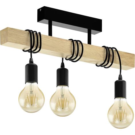 Plafonnier, plafonnier à 3 lumières au design industriel rétro, suspension rétro en bois d'acier, couleur: noir, marron, douille: E27 (1/4)
