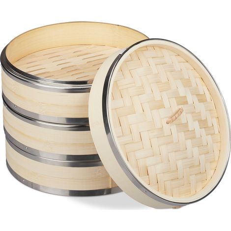Relaxdays Bamboo Steamer, 3 Tier, Metal Rings, Asian Cooker, for Rice, Dim Sum, Vegetable, Basket, Pot, Ø24cm, Natural (1/5)
