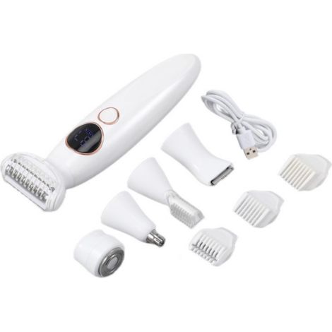 Rasoir électrique multifonction 5 têtes interchangeables — Tondeuse intime waterproof IPX7 pour femme — Pour visage, corps, sourcils, bikini et rasage sans crème (1/2)