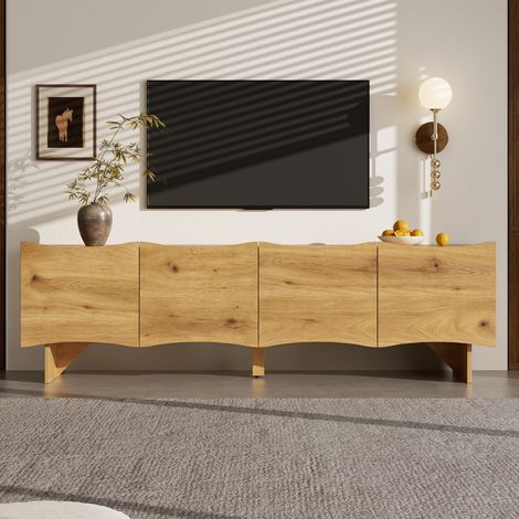 Mueble para TV de madera aglomerada color natural 155 x 36 x 47 cm, 4 puertas, patrón ondulado y gestión de cables (1/5)