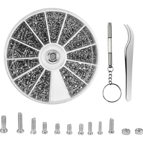 Coffret de 1000 pcs Assortiment Vis écrous Kit de Réparation de Lunettes Petites Vis et écrous avec Tournevis et Pince à épiler Outils de Réparation de Vis pour Lunettes de Soleil et Montres (1/5)