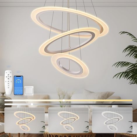 1 Lustre LED 3 Anneaux, Dimmable 2700K-6500K, Acrylique Blanc, Salon Salle à Manger
