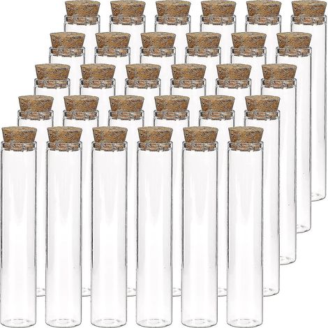 30 tubes à essai en verre de 25 ml, tubes plats transparents de 20 x 100 mm avec bouchons en liège pour expériences scientifiques, sel de bain et bonbons