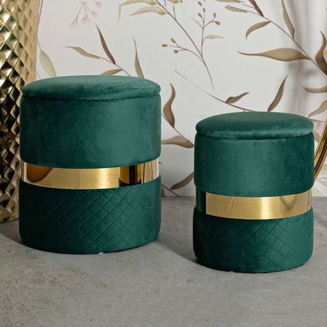 Pouf Contenitore Maun, set da 2, Forma Rotondo, Colore Struttura oro, 37x37x42h cm Verde (1/5)