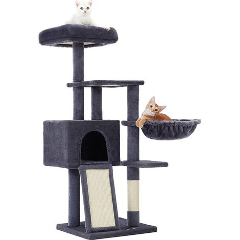 Arbre à Chat, Tour de Jeux, Hauteur 135 cm, Niche Multi-Niveaux, en Tissu Peluche, avec Housse Amovible et Lavable, Griffoir et Planche à Griffer, Panier, Niche, Gris Foncé (1/5)