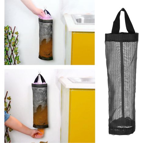 Distributeur de sacs poubelle suspendu, rangement pour sacs d'épicerie, organisateur de cuisine, noir, taille L (1/5)