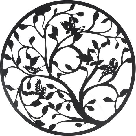 Arbre de Vie décoratif mural en métal ajouré, forme ronde, revêtement noir, 30 cm (11,81 pouces). (1/5)