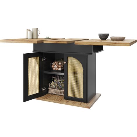 Tavolo Estensibile 110-140x80x75 cm, con Ante in Rattan, Pieghevole e Salvaspazio, MDF, Nero, per Cucina e Soggiorno (1/5)