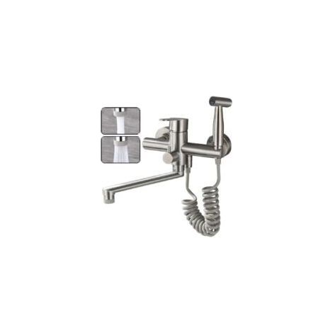 Grifo de cocina mural, cajón de alambre de acero inoxidable 304 apto para uso alimentario con rociador extraíble y 2 tipos de chorro de agua, grifo mezclador mural giratorio de 360° (níquel cepillado) (1/5)