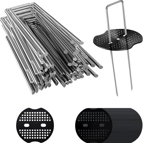 50 Piquet de Fixation Toile de Paillage avec 50 Rondelles Sardine, 10 CM Piquets de Jardin en U en Acier Galvanisé, Agrafe Toile Paillage pour Camping, Bache Anti Mauvaise Herbe, Geotextile, Bàche (1/5)