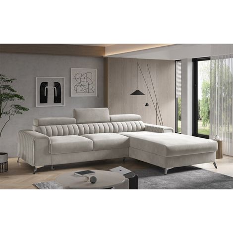 Sofá esquinero derecho Beige convertible 3 plazas JAYSON con reposacabezas