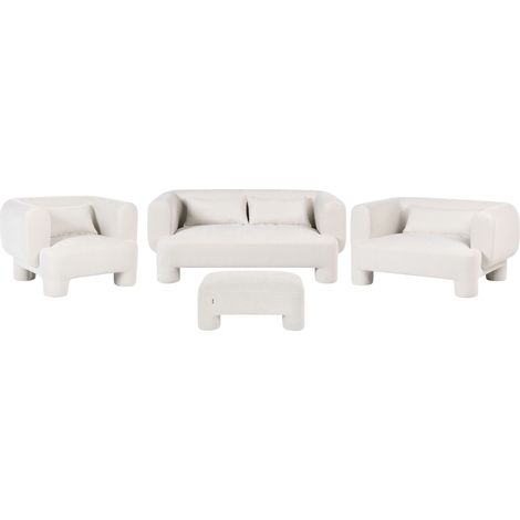 Living Room Set White Fabric Soft Curved 3 Seater Sofa Loveseat Armchair Ottoman Retro Minimalist HOGBO (1/5)