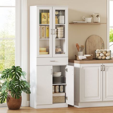 Buffet haut cuisine. armoire de cuisine. 4 portes dont 2 en verre. tiroirs. étagères réglables. 60x35x180cm. blanc