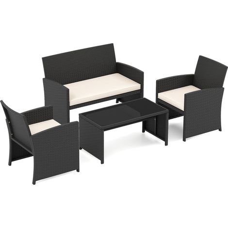 4-teiliges Rattan-Gartenmöbelset mit Glas-Couchtisch