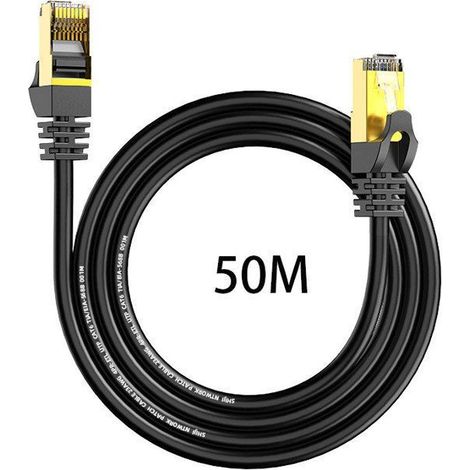 Câble Ethernet 50m Cat6 Câble Réseau Plat RJ45 Haut Débit Blindé 1Gbps 250MHz Compatible avec Routeur Modem(50 Mètres, Noir) (1/5)