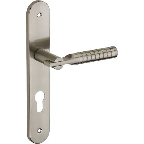 Poignée de porte d'entrée à cylindre – Acier embouti nickelé brossé – Entr'axe 195mm – Carré 7mm – Type béquille avec trou de cylindre (1/2)