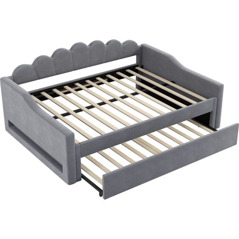 Cama de reposo tapizada 140 x 200 cm gris con cama nido y tira LED (1/5)
