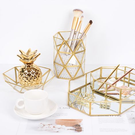 Plateau de rangement en laiton rétro avec verre plateau organisateur maquillage plateau dessert en-cas présentoir bijoux décor maison cuisine (1/3)