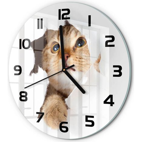 Horloge Murale Ronde Quartz Verre Trempé Design Moderne Salon Chambre Bureau Chat dans le trou fi 30 cm (1/5)