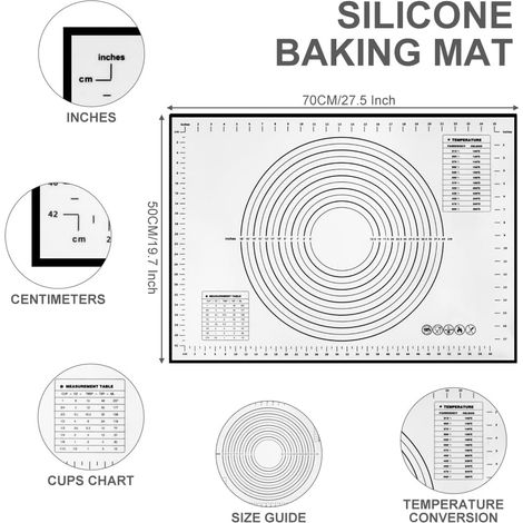 Tapis à pâtisserie en silicone, 50 x 70 cm tapis plaque de cuisson pour étaler la pâte panneau de pâte antidérapant pâte à biscuits à pizza sans Bpa (1/5)
