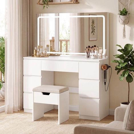 Coiffeuse avec Grand Miroir LED (115x60cm) et Tabouret Inclus, Table de Maquillage Moderne avec 7 Tiroirs, Station de Recharge et Éclairage Réglable, Meuble de Chambre à Coucher (Blanc) (1/5)