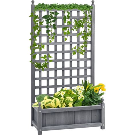 Bac à planter surélevé gris en bois Outsunny avec treillis et arche pour roses, support adapté aux plantes grimpantes de jardin, dimensions 64 × 28 × 120 cm